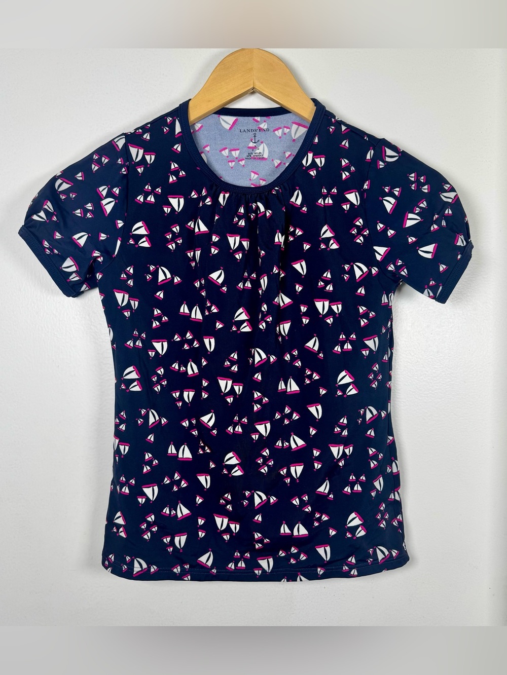 Lands End Retro Sailboats Short Sleeve Swim Top Rashguard Girls 10 Medium Preppy